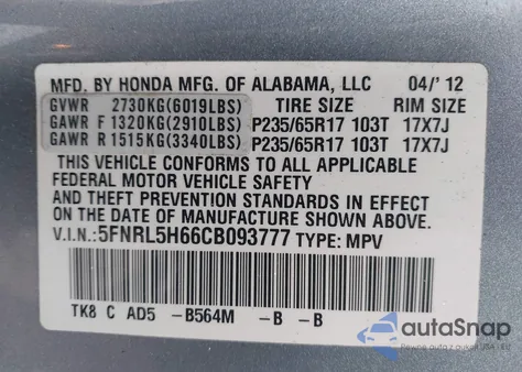 2012 Honda Odyssey Ex-L z USA, uszkodzony, nr VIN 5FNRL5H66CB093777